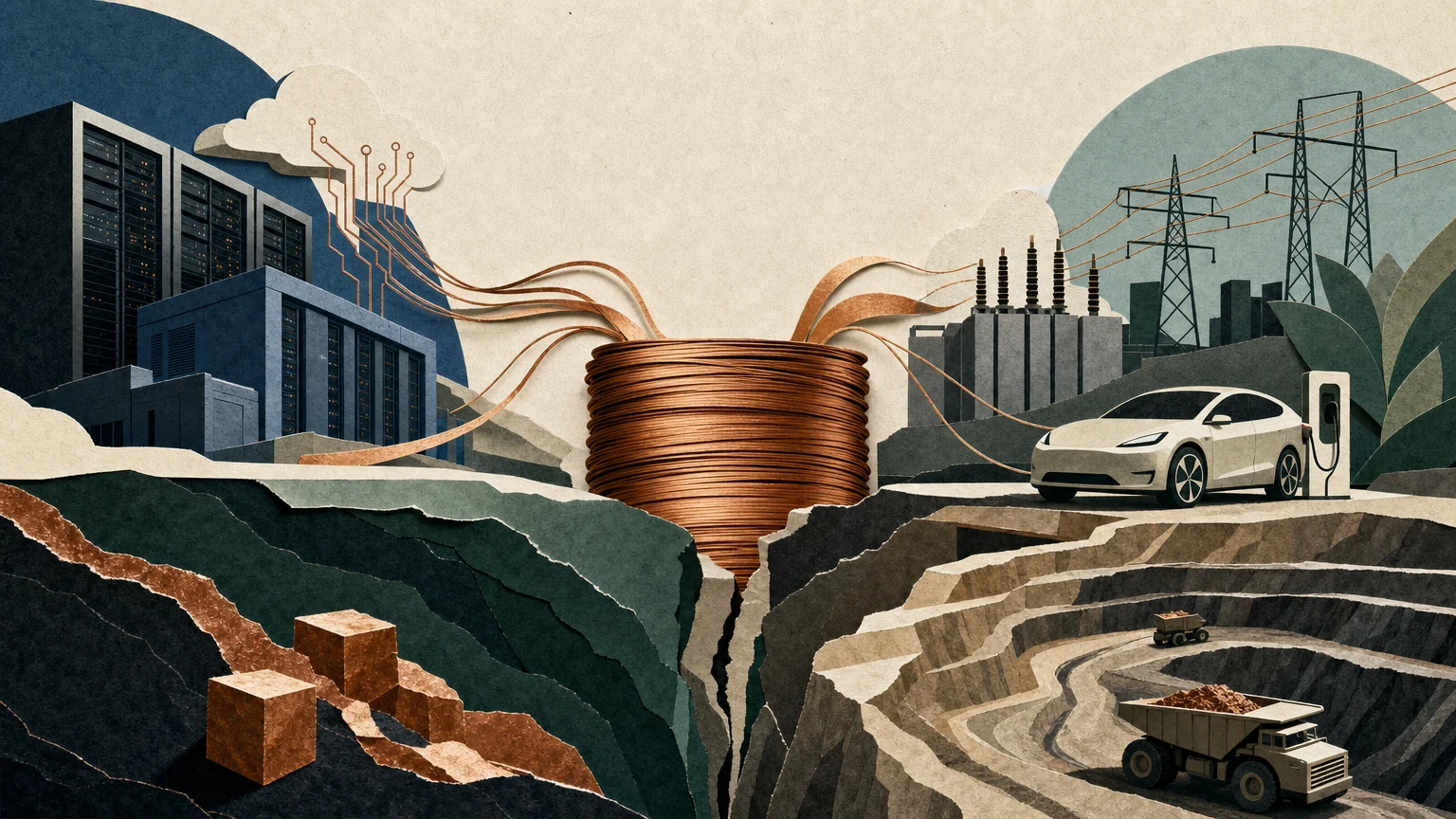 Editorial illustration interpreting The copper crunch: how AI and electrification collided with geology