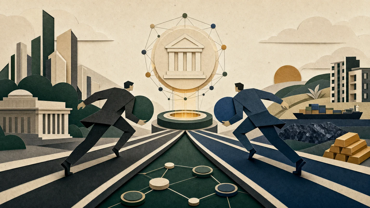 Editorial illustration interpreting BlackRock and Franklin Templeton race to dominate on-chain Treasuries as tokenized real-world assets cross $30 billion